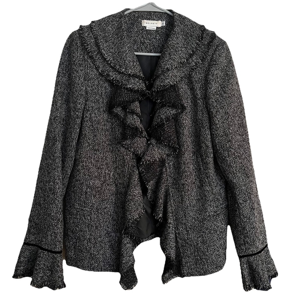 Gray Cascade Ruffle Jacket  Women's 10 Bell Sleeve Velvet Trim Blazer‎ Victorian